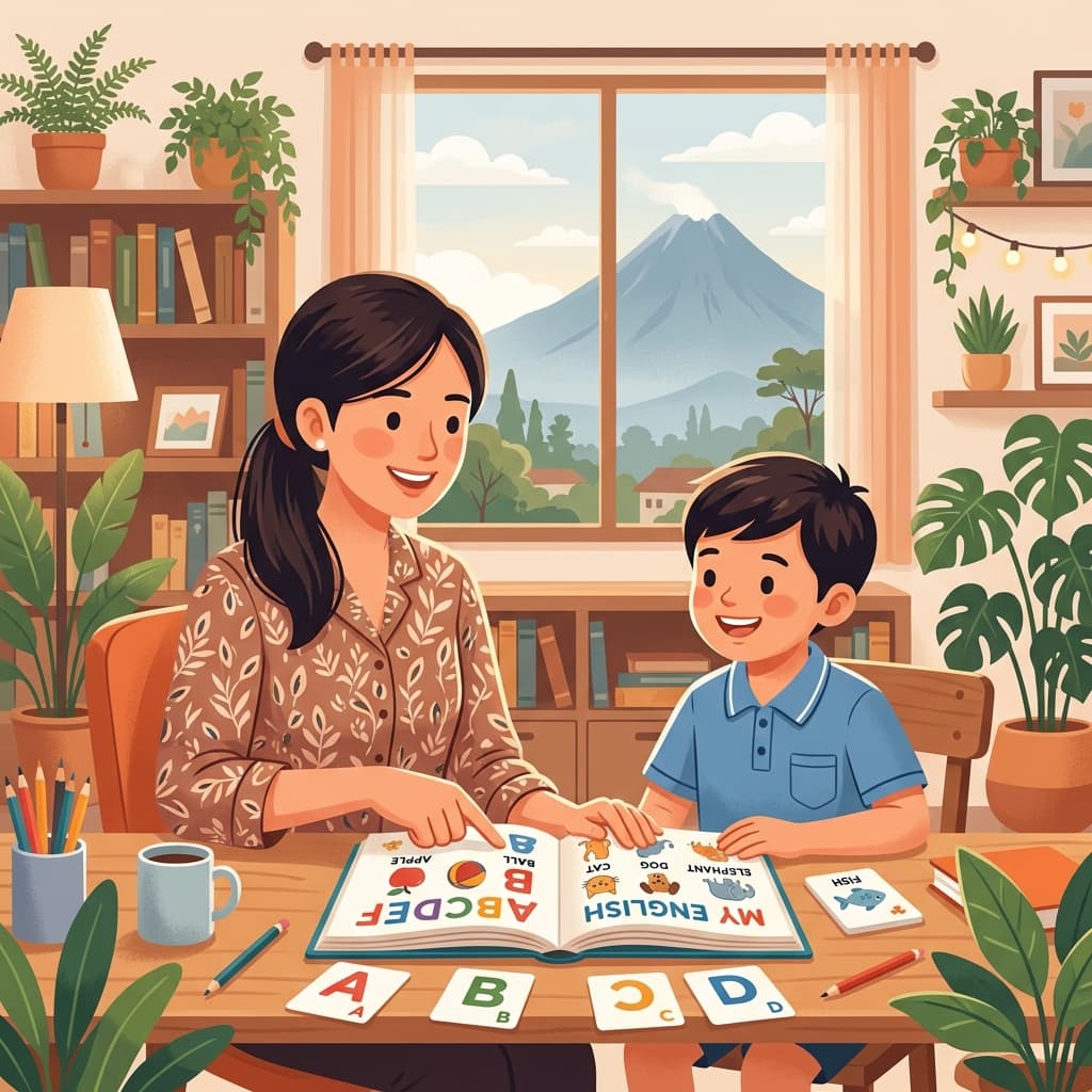 Tutor mengajar siswa Bahasa Inggris di rumah dengan pemandangan gunung di Klaten