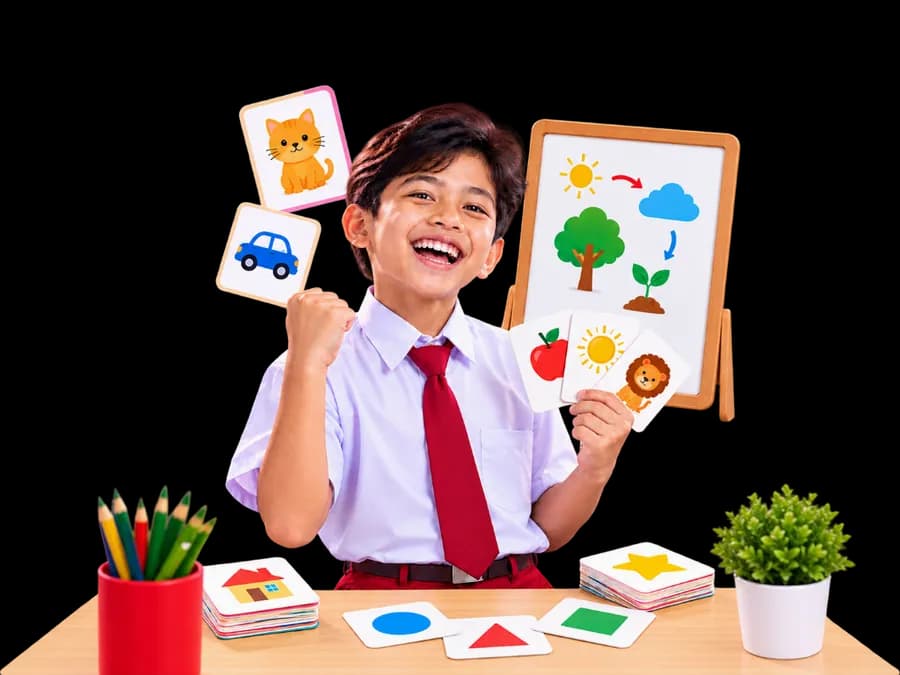 Siswa belajar tipe visual dengan kartu peraga dan diagram