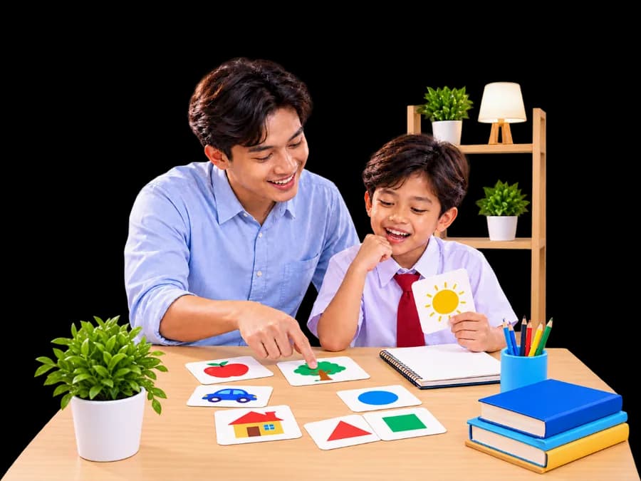 Tutor mendampingi siswa belajar menggunakan kartu visual