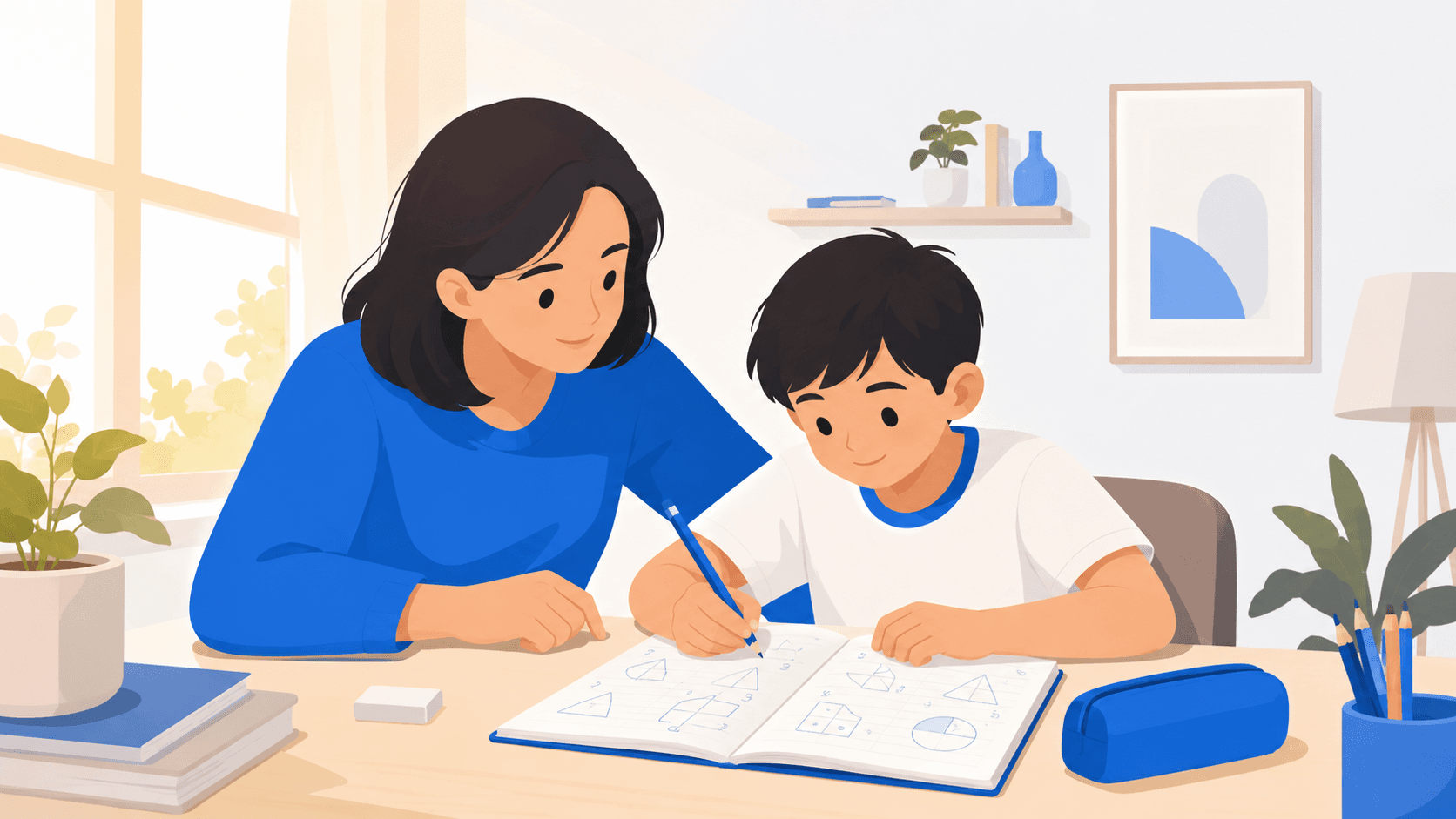 Tutor mendampingi anak belajar matematika di rumah dengan suasana hangat dan nyaman
