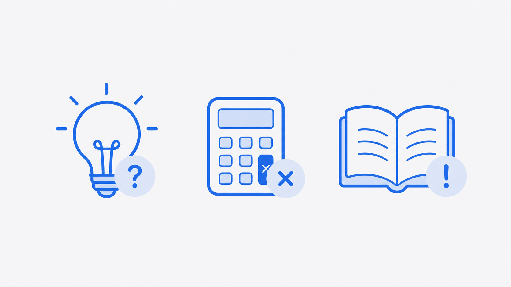 Tiga jenis kesalahan umum dalam matematika: salah konsep (lampu?), salah hitung (kalkulator✗), dan salah baca soal (buku!)