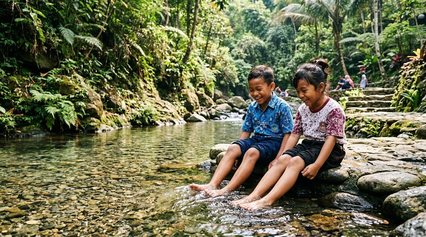 Anak-anak belajar dan bermain dengan gembira di aliran air jernih alami Klaten