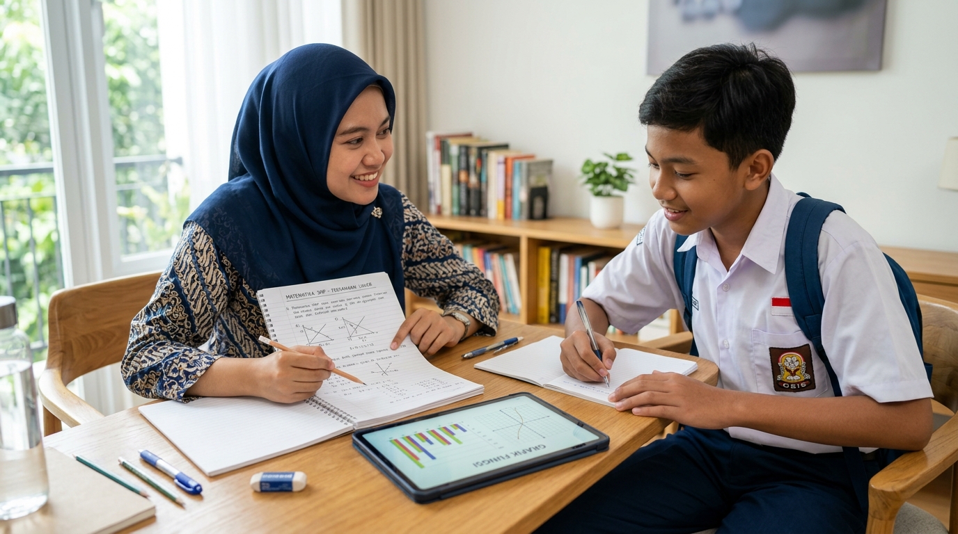 Tutor privat membimbing siswa mengerjakan soal numerasi dan aljabar